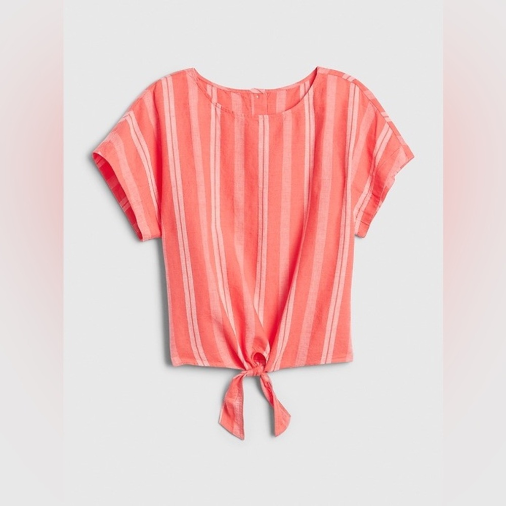 Gap Women’s Small Linen Blend Striped Coral Tie-Front Top